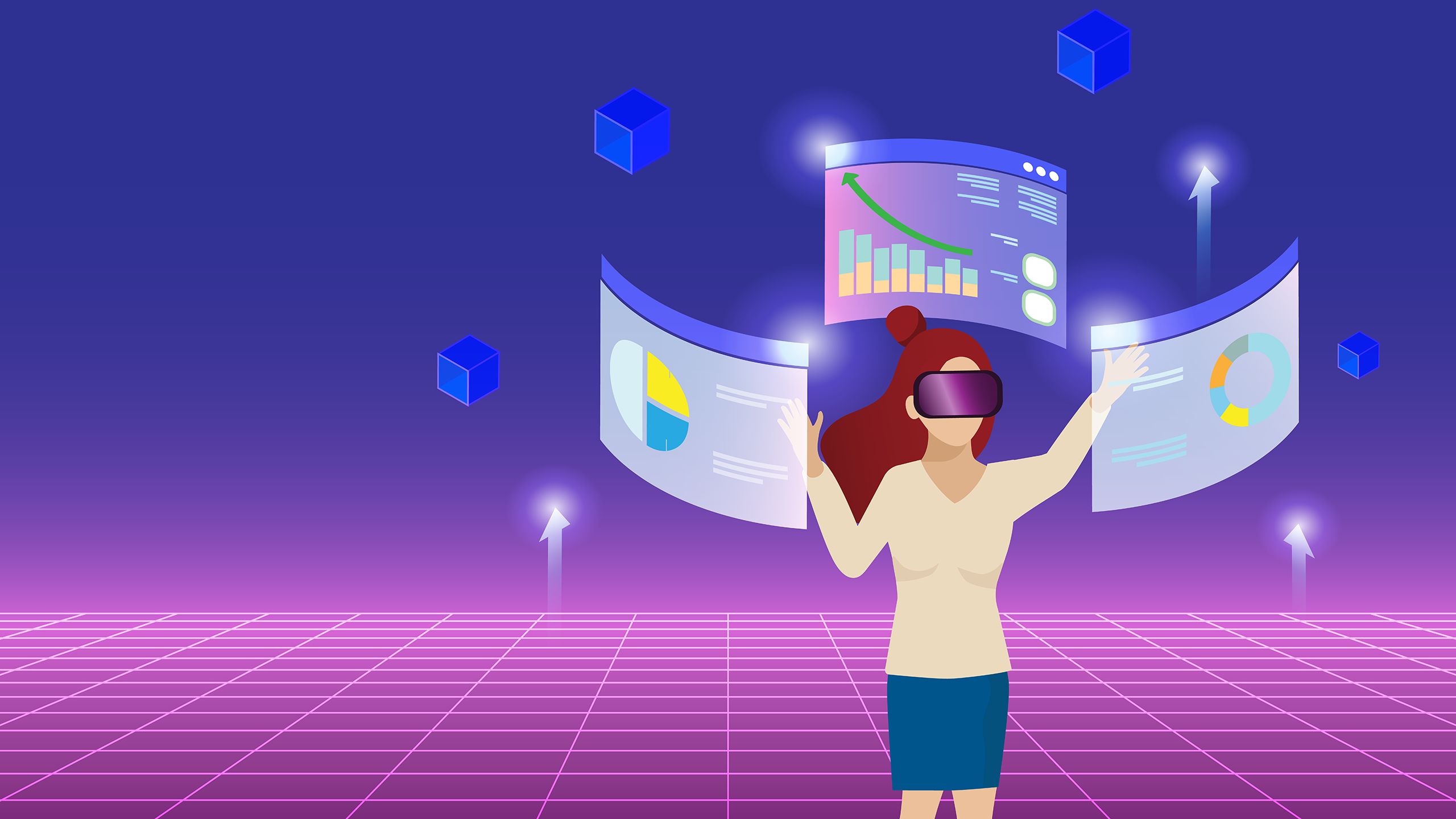 An illustration of a woman wearing a virtual reality headset with three screens around her to represent the metaverse workplace