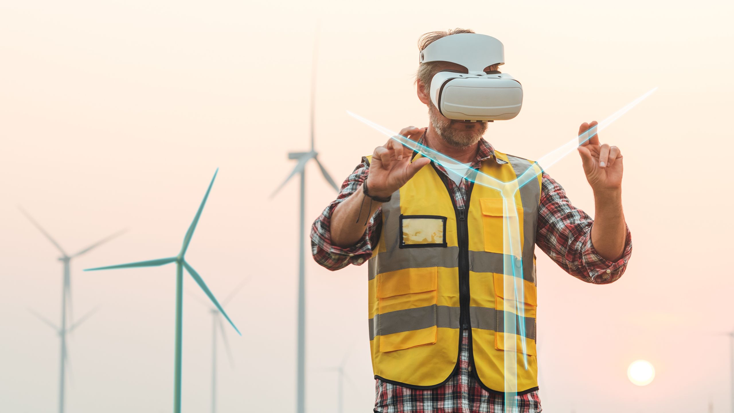 Man wearing a VR headset, doing vr wind turbine training