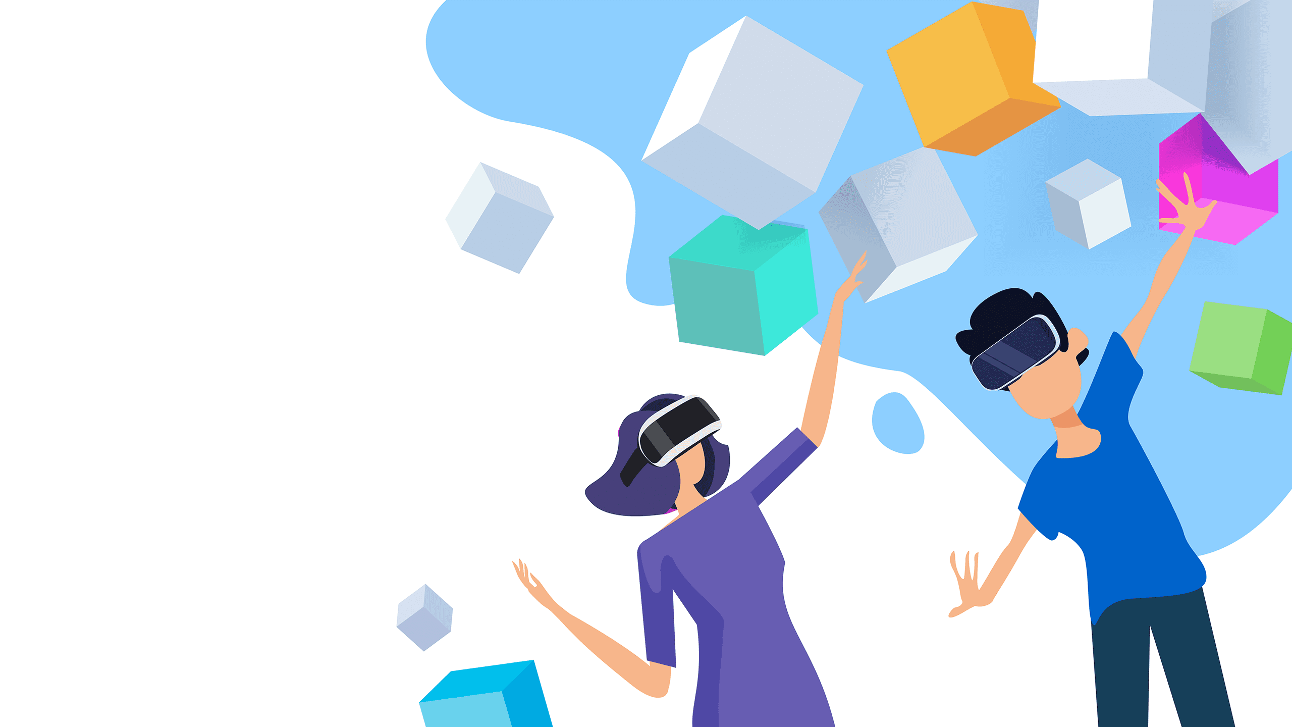 An illustration of people in a virtual reality world wearing business clothes